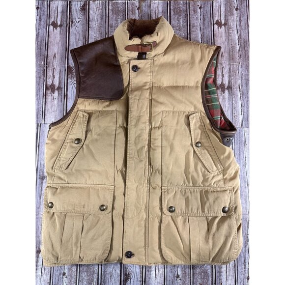 POLO Ralph Lauren Down Wool blend leather trim Hunting Vest sz L color tan VTG - Picture 1 of 8